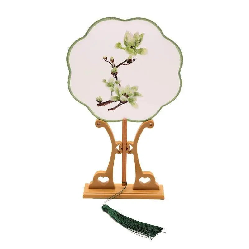 chinese suzhou green magnolia double - sided embroidered round fan for hanfu & dance - star8s