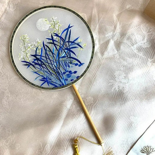 Chinese Suzhou Handmade Double - Sided Embroidered Round Fan with Moon & Orchid for Hanfu & Culture - STAR8S