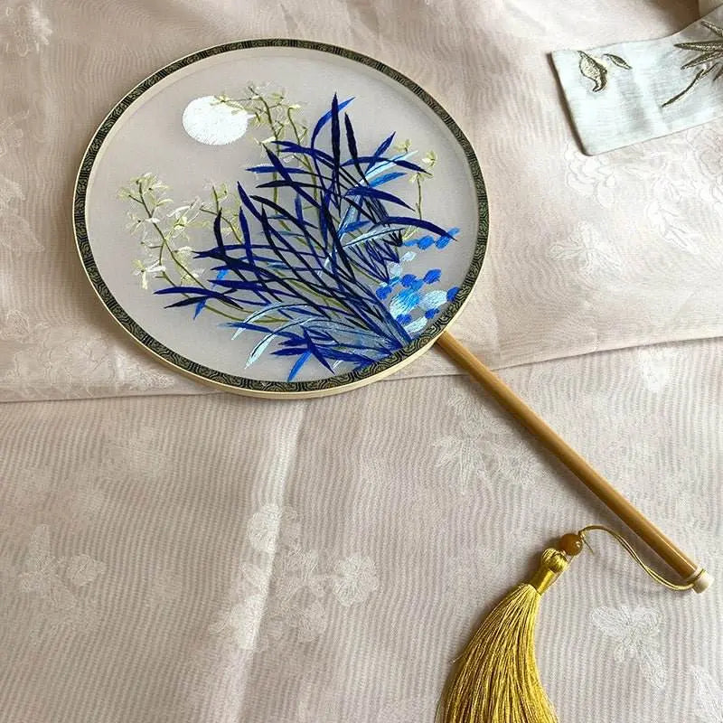 Chinese Suzhou Handmade Double - Sided Embroidered Round Fan with Moon & Orchid for Hanfu & Culture - STAR8S