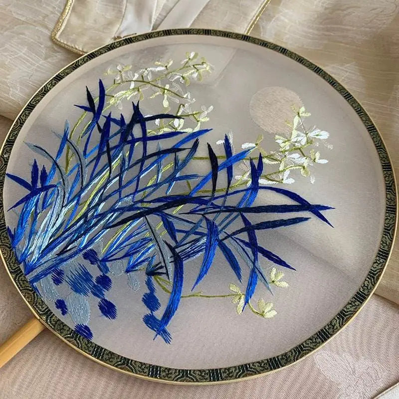 Chinese Suzhou Handmade Double - Sided Embroidered Round Fan with Moon & Orchid for Hanfu & Culture - STAR8S