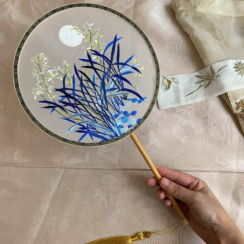 chinese suzhou handmade double - sided embroidered round fan with moon & orchid for hanfu & culture - star8s