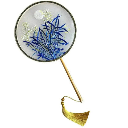 Chinese Suzhou Handmade Double - Sided Embroidered Round Fan with Moon & Orchid for Hanfu & Culture - STAR8S