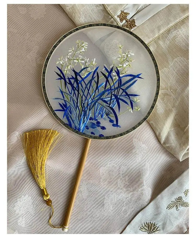 Chinese Suzhou Handmade Double - Sided Embroidered Round Fan with Moon & Orchid for Hanfu & Culture - STAR8S