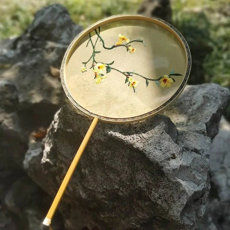 chinese suzhou huaibei bamboo - handled handmade suzhou - embroidered round fan for hanfu & cultural events - star8s