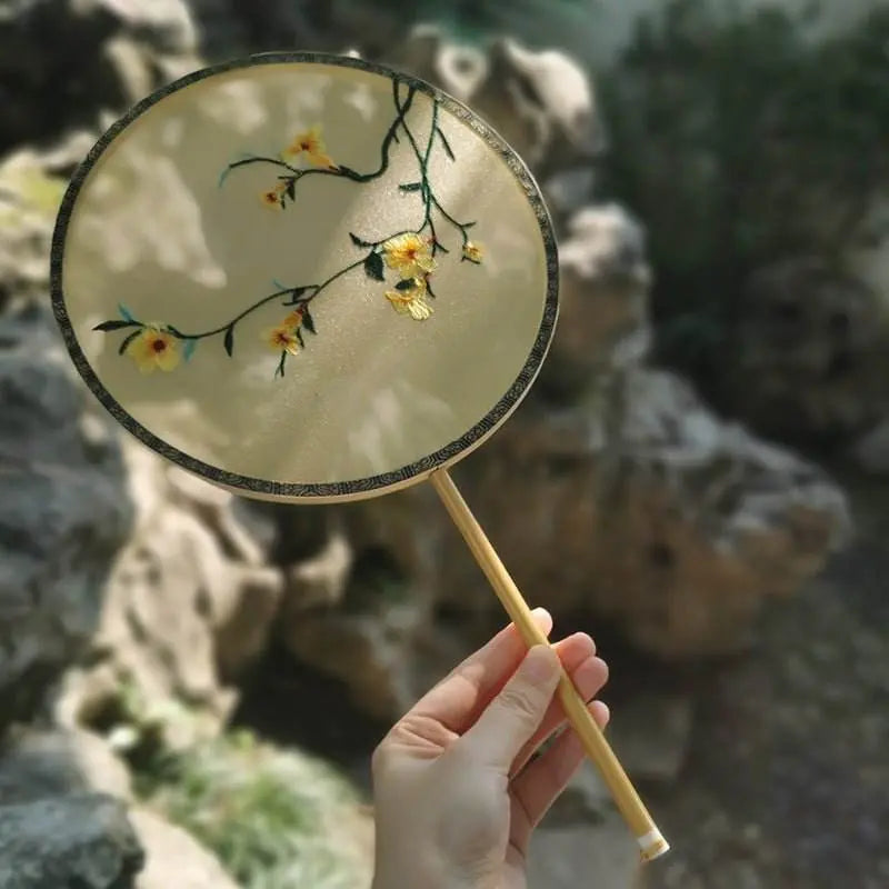 chinese suzhou huaibei bamboo - handled handmade suzhou - embroidered round fan for hanfu & cultural events - star8s