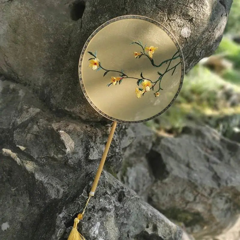 chinese suzhou huaibei bamboo - handled handmade suzhou - embroidered round fan for hanfu & cultural events - star8s