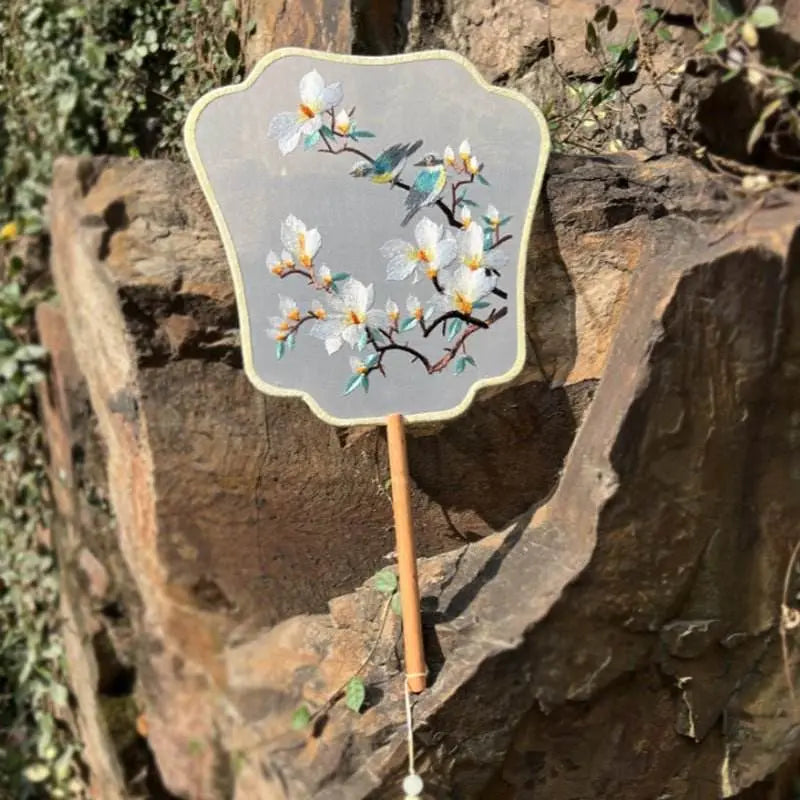 chinese suzhou magnolia double - sided embroidered round fan for dance & ancient style - star8s