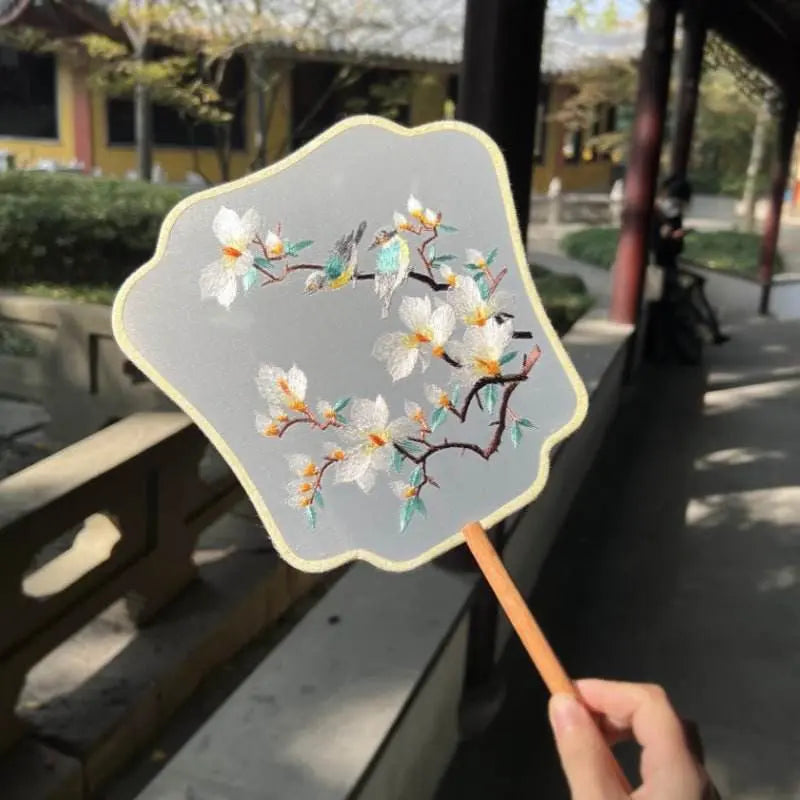 chinese suzhou magnolia double - sided embroidered round fan for dance & ancient style - star8s