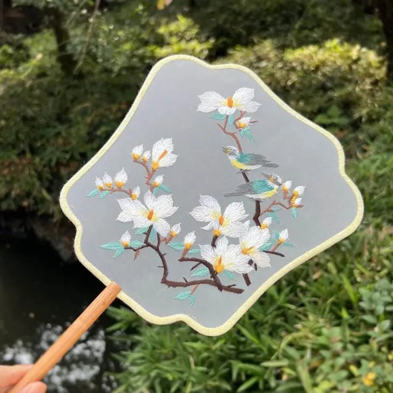 chinese suzhou magnolia double - sided embroidered round fan for dance & ancient style - star8s