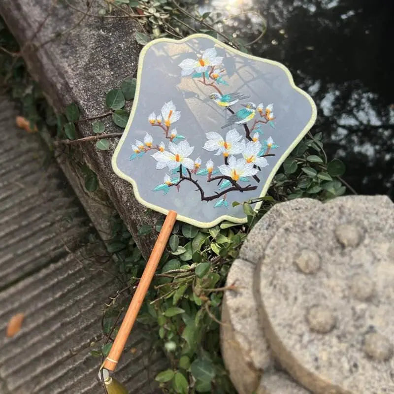 Chinese Suzhou Magnolia Double - Sided Embroidered Round Fan for Dance & Ancient Style - STAR8S