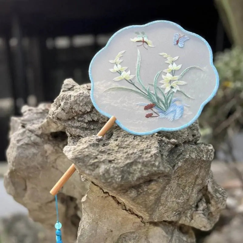 chinese suzhou orchid and butterfly double - sided embroidered round fan for dance and ancient style - star8s