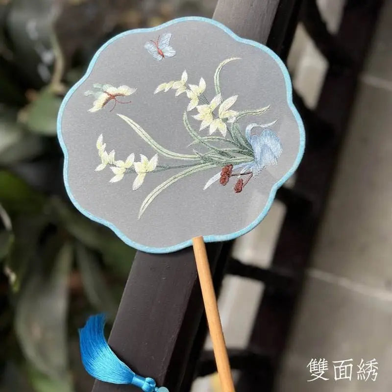 Chinese Suzhou Orchid and Butterfly Double - Sided Embroidered Round Fan for Dance and Ancient Style - STAR8S