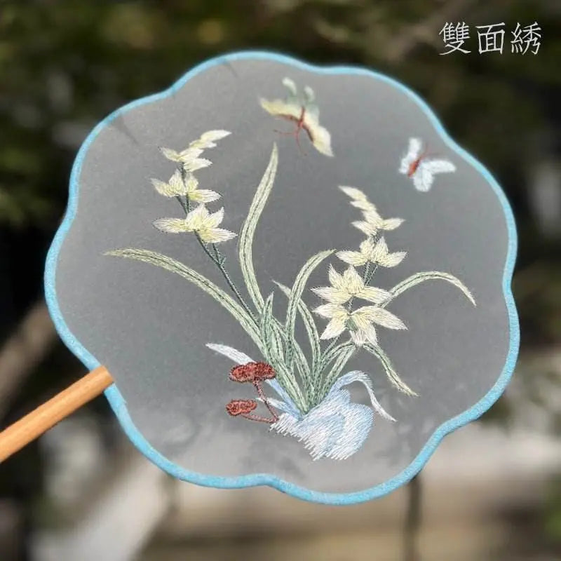 chinese suzhou orchid and butterfly double - sided embroidered round fan for dance and ancient style - star8s