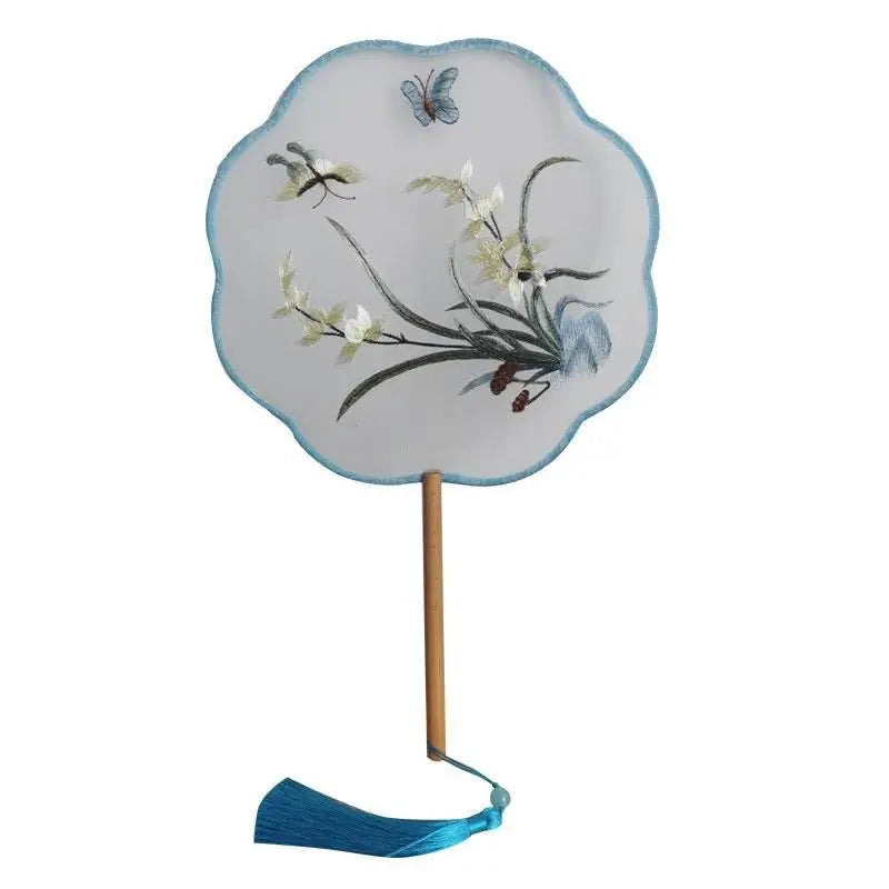 chinese suzhou orchid and butterfly double - sided embroidered round fan for dance and ancient style - star8s