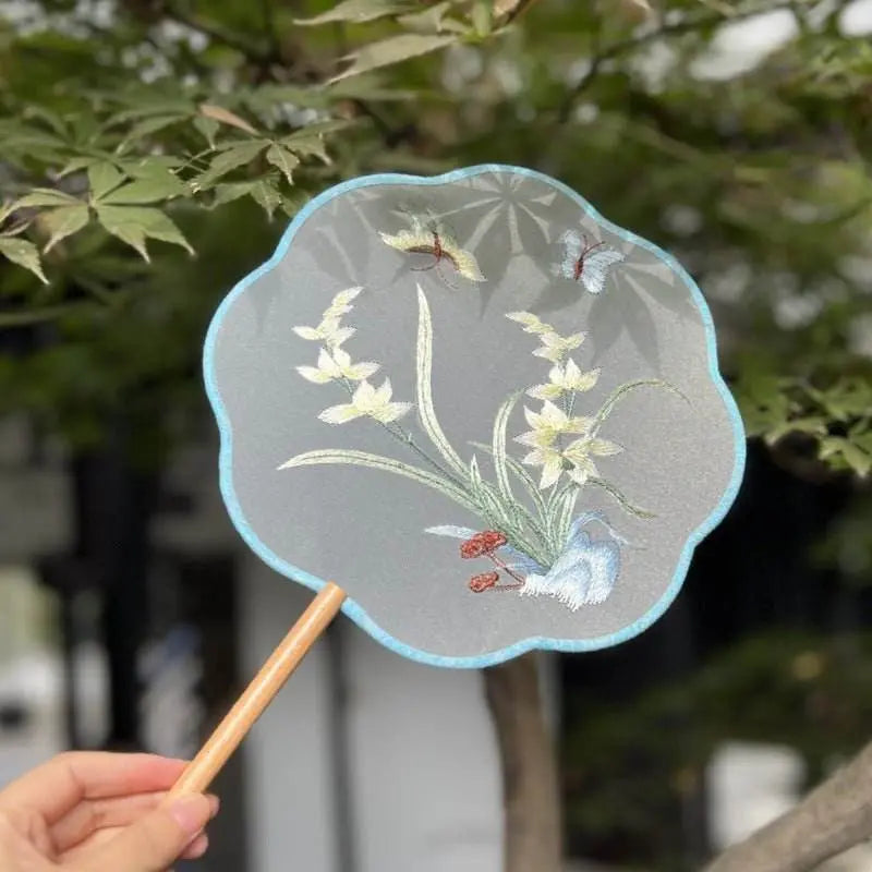 chinese suzhou orchid and butterfly double - sided embroidered round fan for dance and ancient style - star8s