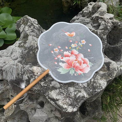 Chinese Suzhou Silver - butterfly & Peony Double - Sided Embroidered Round Fan for Dance & Ancient Style - STAR8S