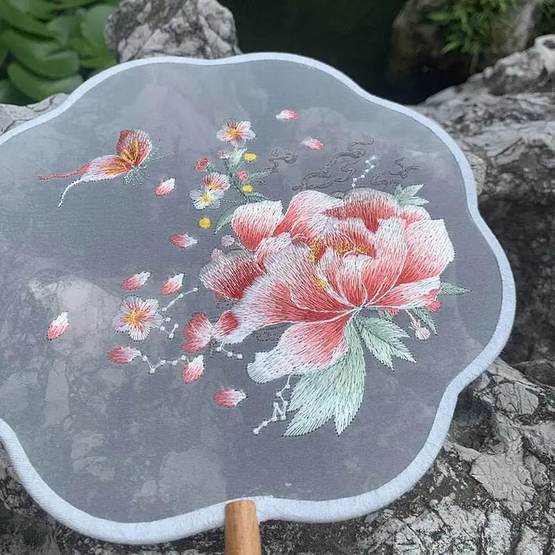 chinese suzhou silver - butterfly & peony double - sided embroidered round fan for dance & ancient style - star8s