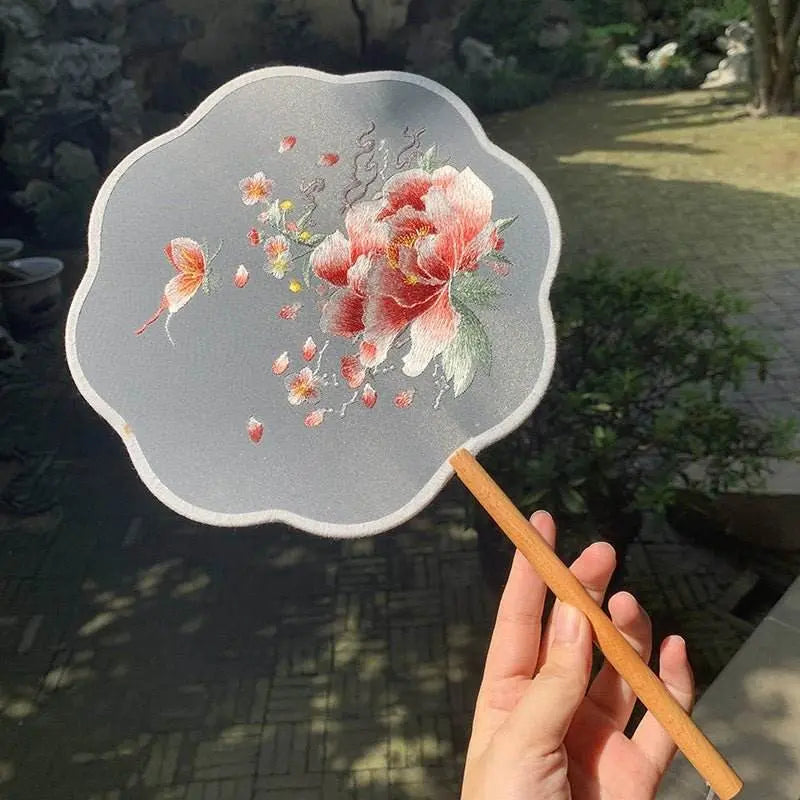 chinese suzhou silver - butterfly & peony double - sided embroidered round fan for dance & ancient style - star8s