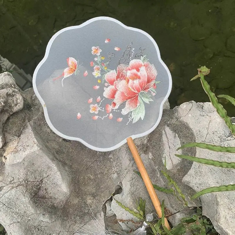 chinese suzhou silver - butterfly & peony double - sided embroidered round fan for dance & ancient style - star8s