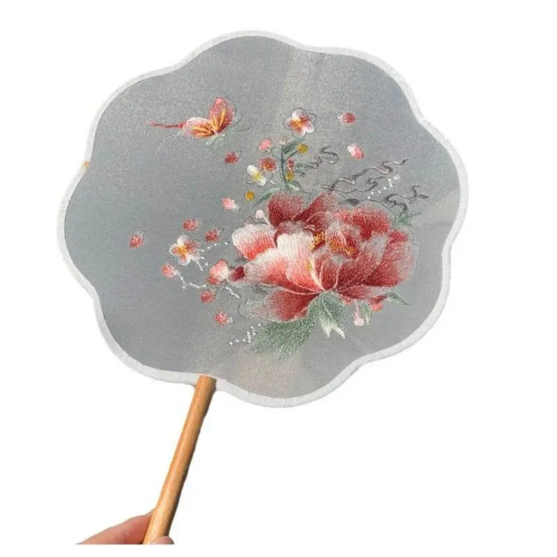 chinese suzhou silver - butterfly & peony double - sided embroidered round fan for dance & ancient style - star8s