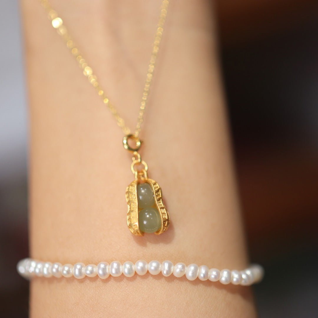 Chinese Women's Heitian Jade Necklace - Lucky Peanut Pendant in S925 Gold-Plated Silver | STAR8S