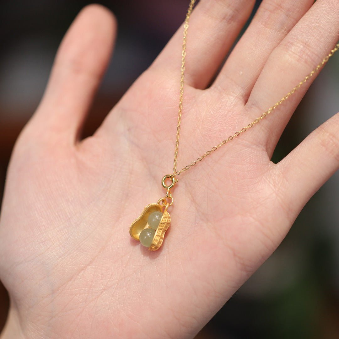 Chinese Women's Heitian Jade Necklace - Lucky Peanut Pendant in S925 Gold-Plated Silver | STAR8S