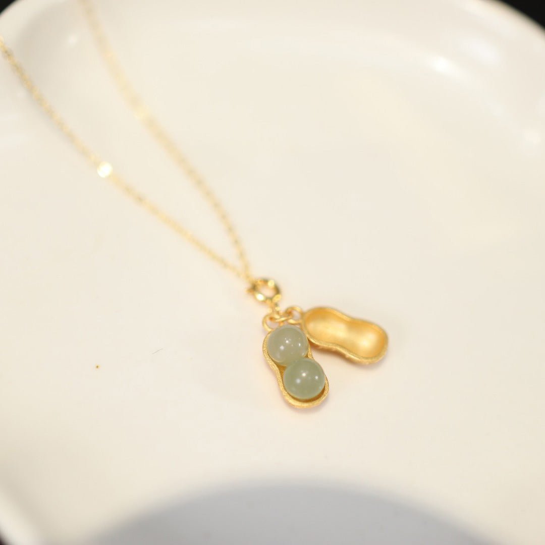 Chinese Women's Heitian Jade Necklace - Lucky Peanut Pendant in S925 Gold-Plated Silver | STAR8S