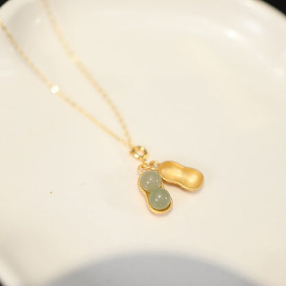 Chinese Women's Heitian Jade Necklace - Lucky Peanut Pendant in S925 Gold-Plated Silver | STAR8S