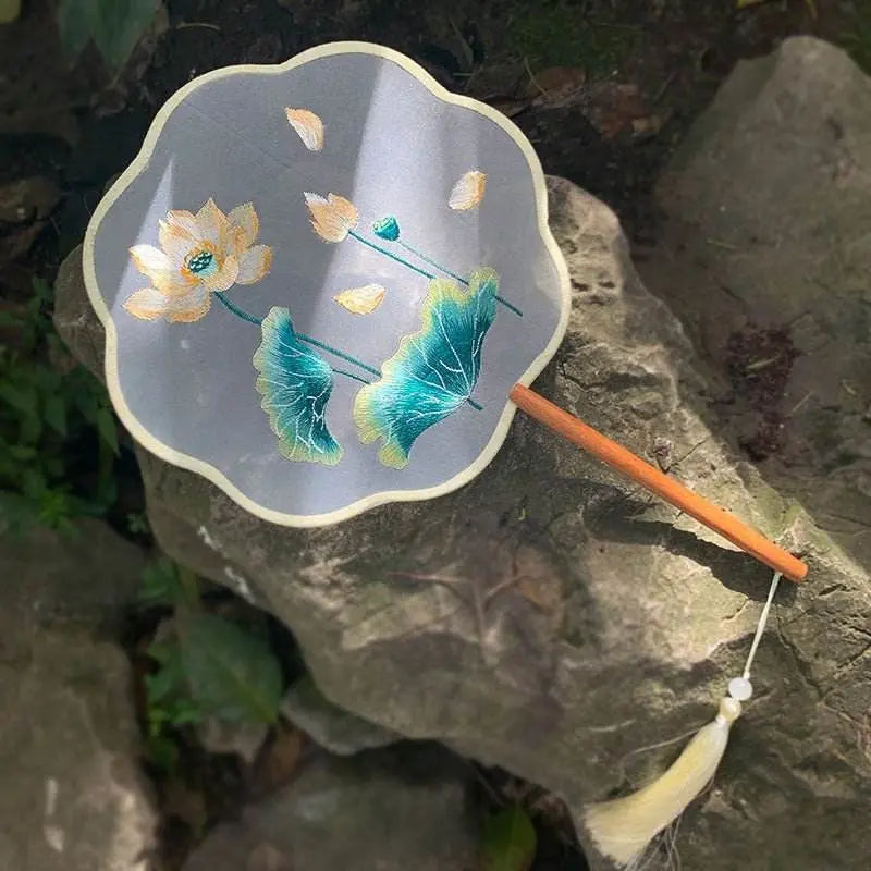 Chinese - style Golden Lotus Double - Sided Embroidered Round Fan with Beech Handle for Classical Dance - STAR8S