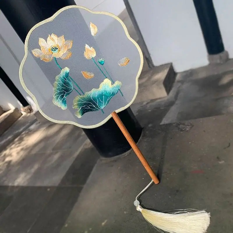 chinese - style golden lotus double - sided embroidered round fan with beech handle for classical dance - star8s