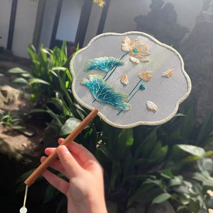 Chinese - style Golden Lotus Double - Sided Embroidered Round Fan with Beech Handle for Classical Dance - STAR8S