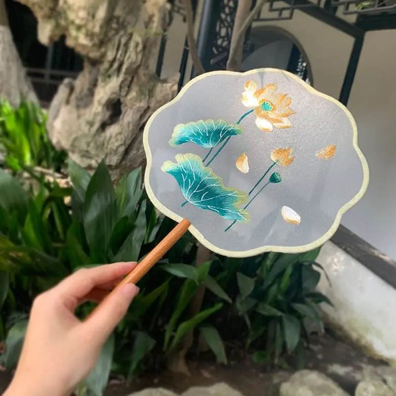 chinese - style golden lotus double - sided embroidered round fan with beech handle for classical dance - star8s