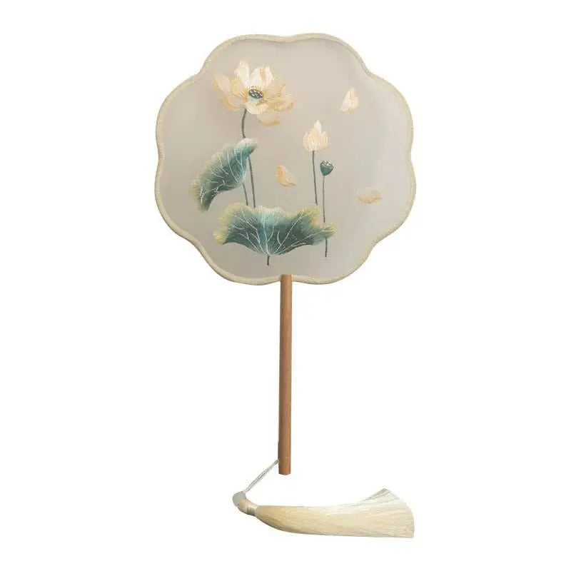 chinese - style golden lotus double - sided embroidered round fan with beech handle for classical dance - star8s