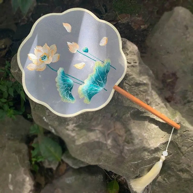 chinese - style golden lotus double - sided embroidered round fan with beech handle for classical dance - star8s