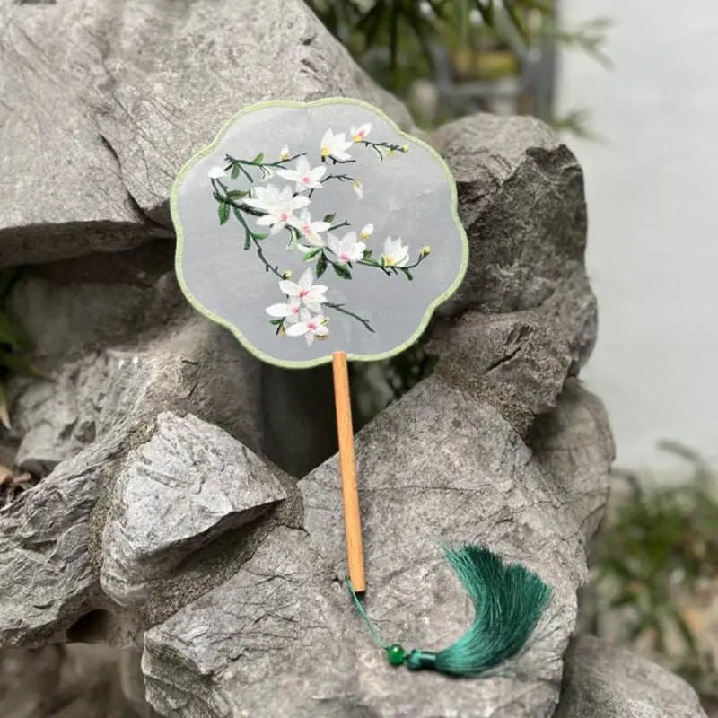 Chinese - style Magnolia Embroidered Round Fan from Suzhou - Ideal for Ancient - style and Dance - STAR8S