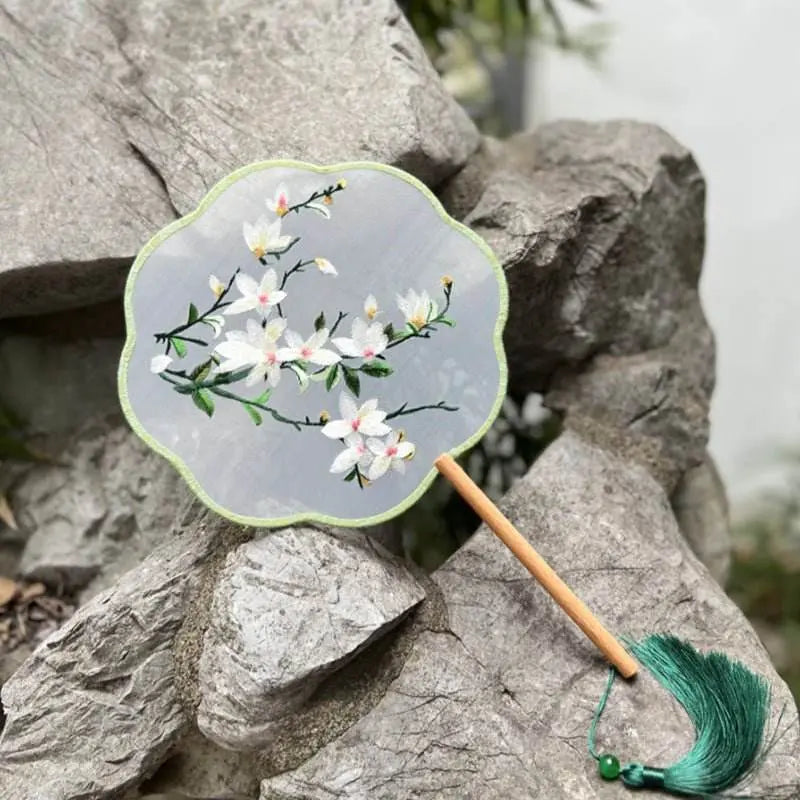 Chinese - style Magnolia Embroidered Round Fan from Suzhou - Ideal for Ancient - style and Dance - STAR8S