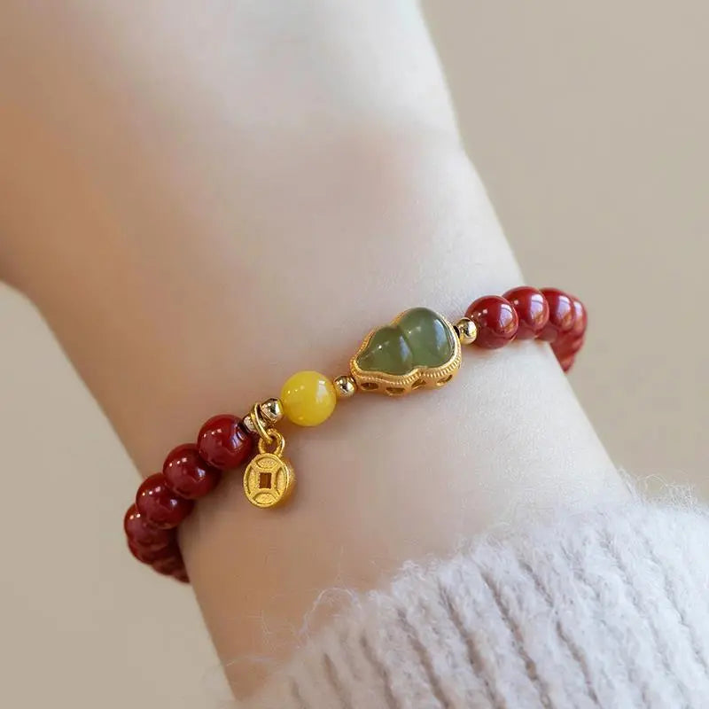Cinnabar Beaded Bracelet with Hetian Jade Gourd Charm – Feng Shui Red Prosperity Bracelet for Women - STAR8S