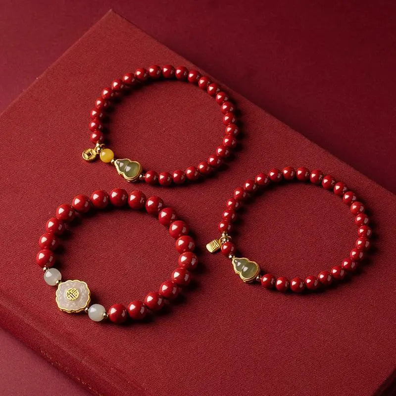 cinnabar beaded bracelet with hetian jade gourd charm – feng shui red prosperity bracelet for women - star8s