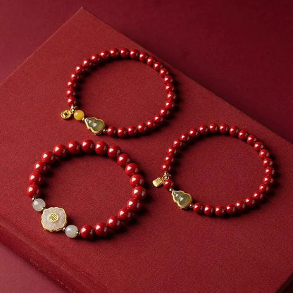 Cinnabar Beaded Bracelet with Hetian Jade Gourd Charm – Feng Shui Red Prosperity Bracelet for Women - STAR8S