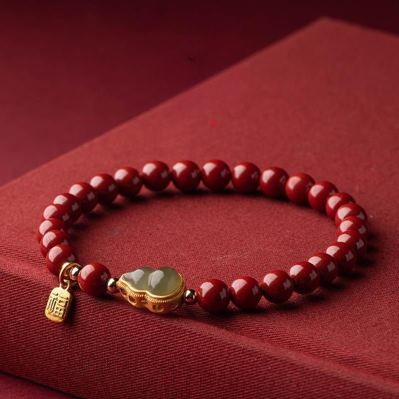 Cinnabar Beaded Bracelet with Hetian Jade Gourd Charm – Feng Shui Red Prosperity Bracelet for Women - STAR8S
