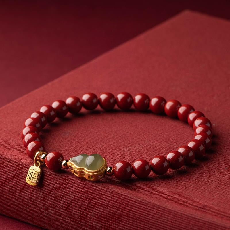 Cinnabar Beaded Bracelet with Hetian Jade Gourd Charm – Feng Shui Red Prosperity Bracelet for Women - STAR8S