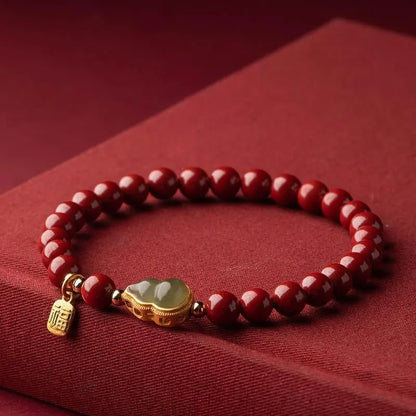 Cinnabar Beaded Bracelet with Hetian Jade Gourd Charm – Feng Shui Red Prosperity Bracelet for Women - STAR8S