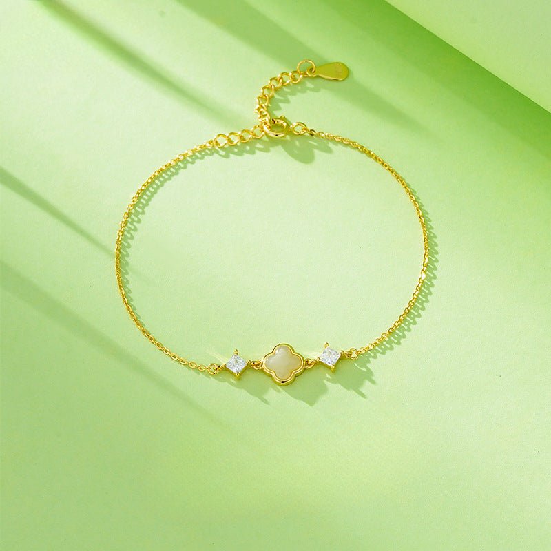 cultural gold plated jade bracelet: hetian lucky clover gift for her | star8s