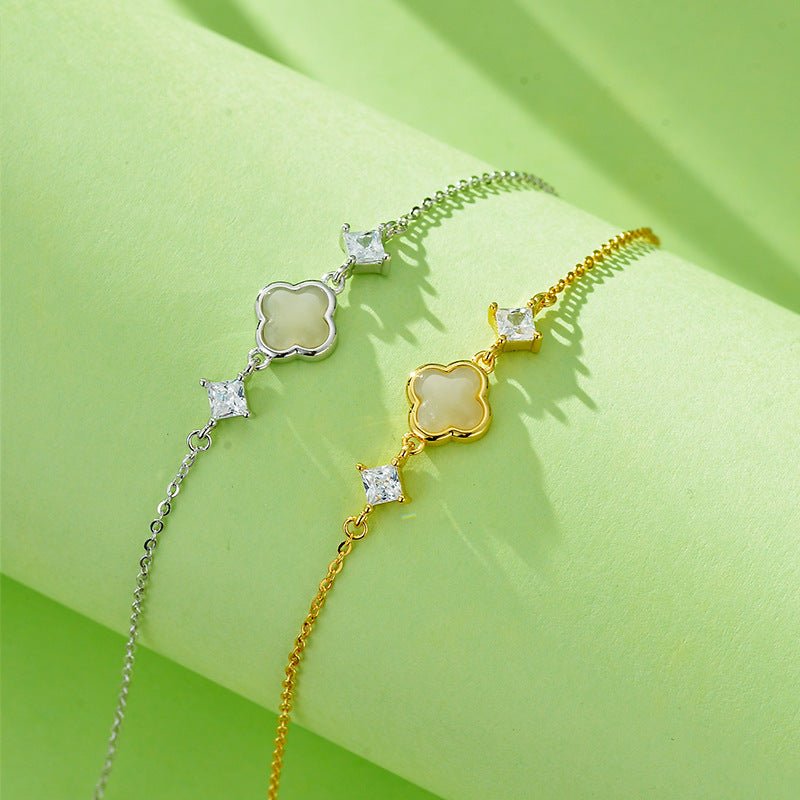 cultural gold plated jade bracelet: hetian lucky clover gift for her | star8s