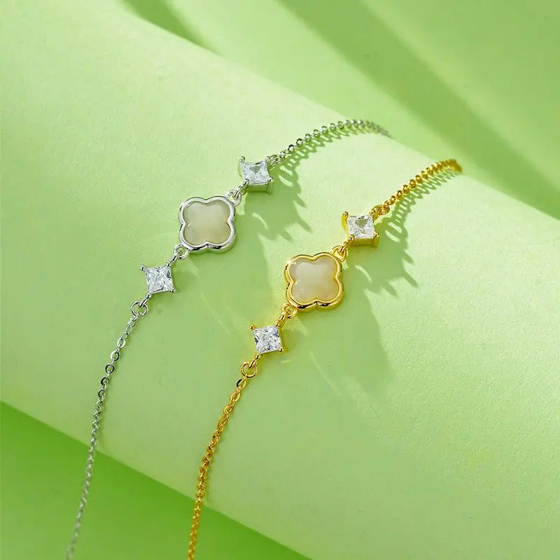 cultural gold plated jade bracelet: hetian lucky clover gift for her | star8s