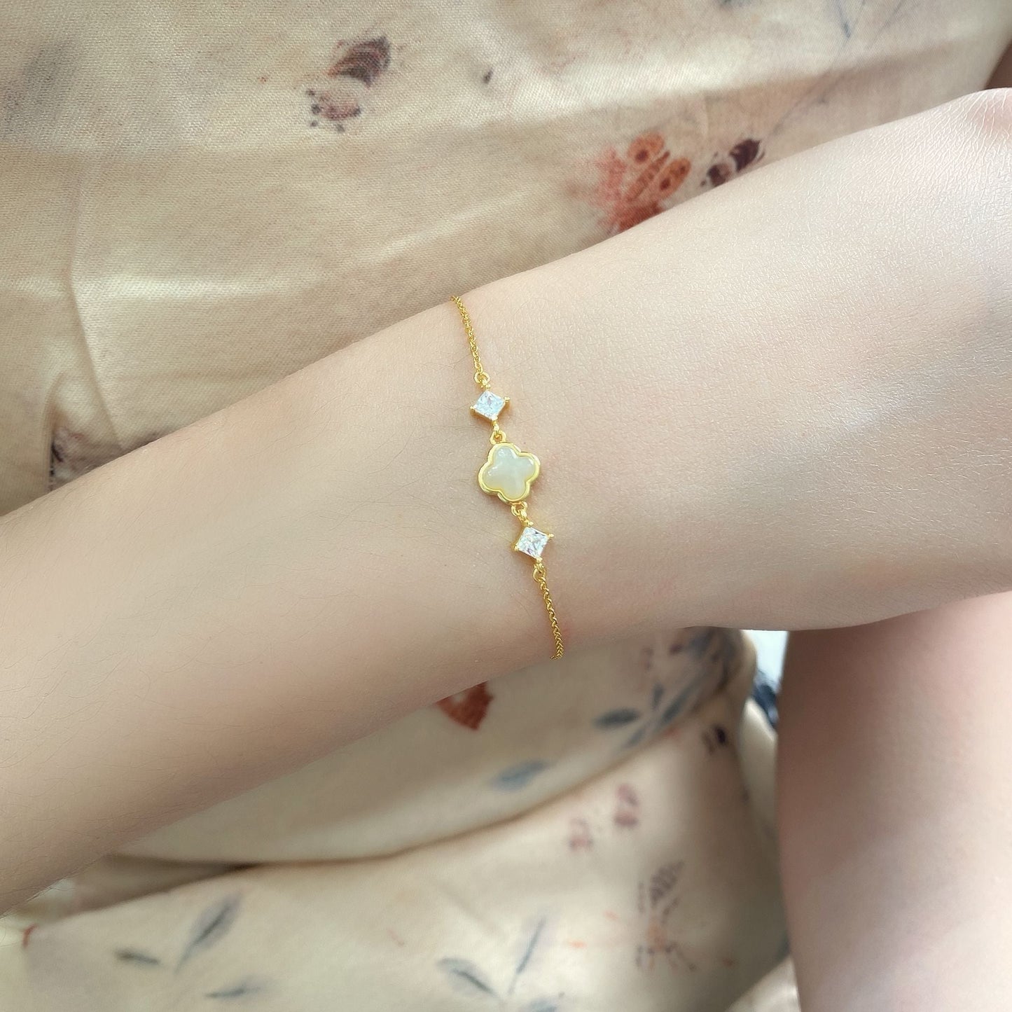 cultural gold plated jade bracelet: hetian lucky clover gift for her | star8s