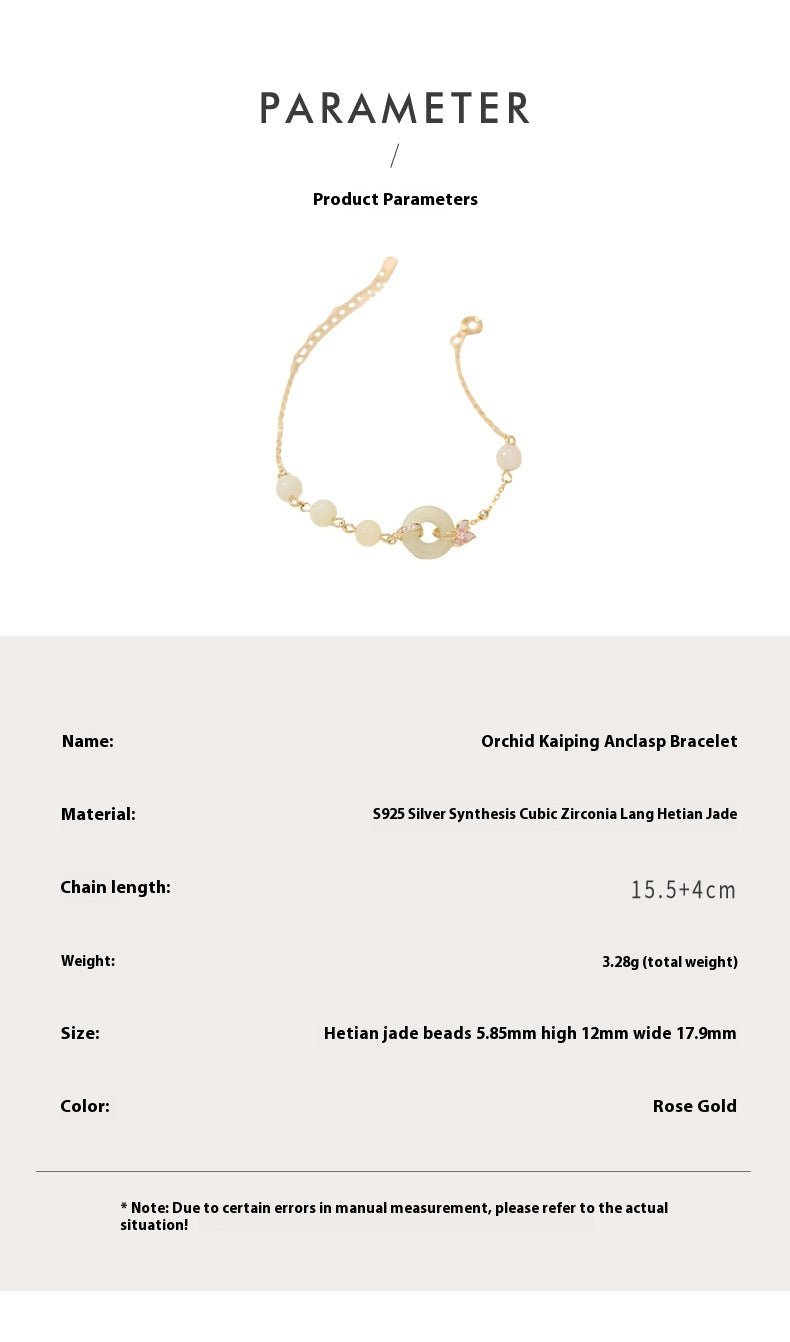 Cultural Jade Bracelet - Hetian Jade, 925 Silver, Orchid Flower, Safety Disc | STAR8S