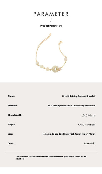 Cultural Jade Bracelet - Hetian Jade, 925 Silver, Orchid Flower, Safety Disc | STAR8S