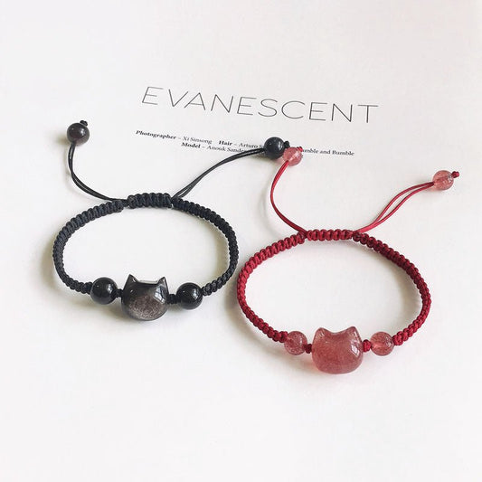 Cute Cat Head Bracelet: Strawberry Crystal Couple Gift | STAR8S