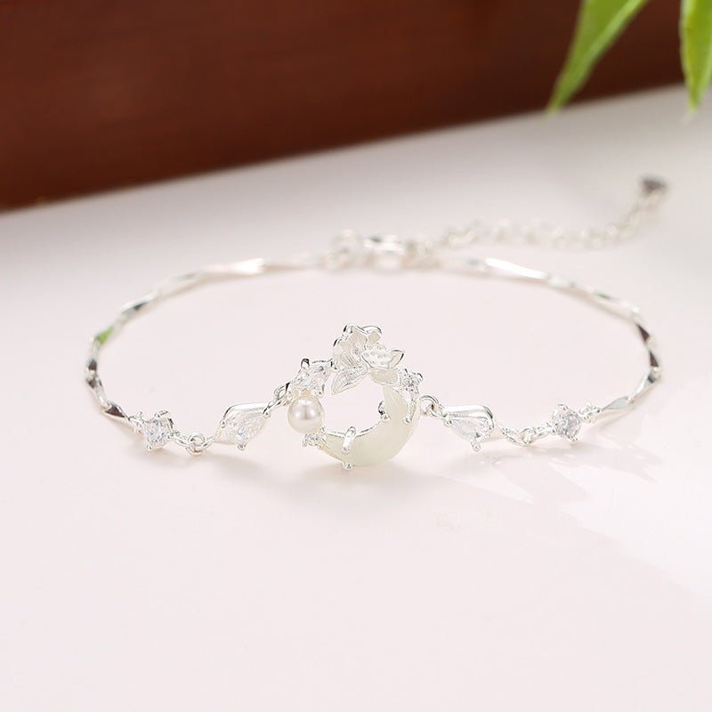 Delicate Jade Bracelet Featuring Hetian Jade, 925 Silver, Lotus, and Moon Motifs | STAR8S